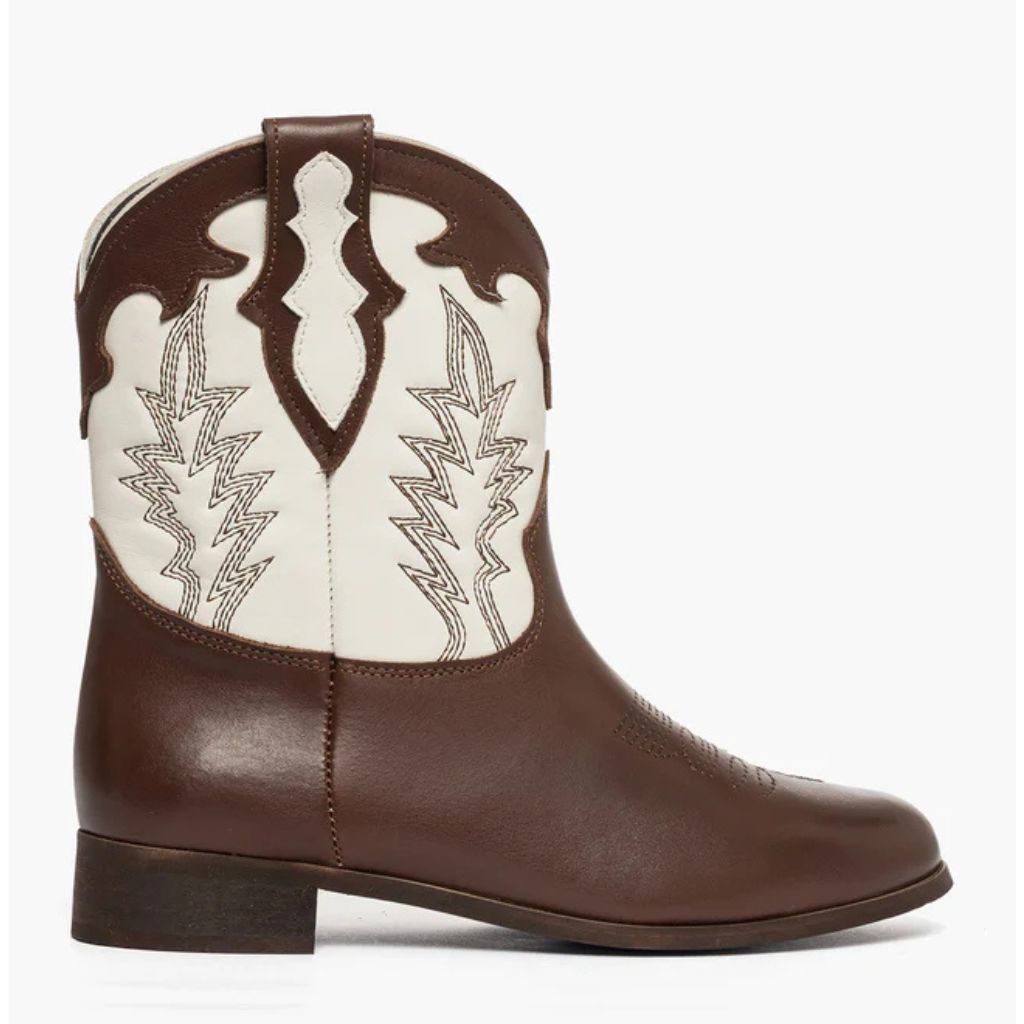Stivali camperos in pelle bicolore marrone e panna con ricamo western