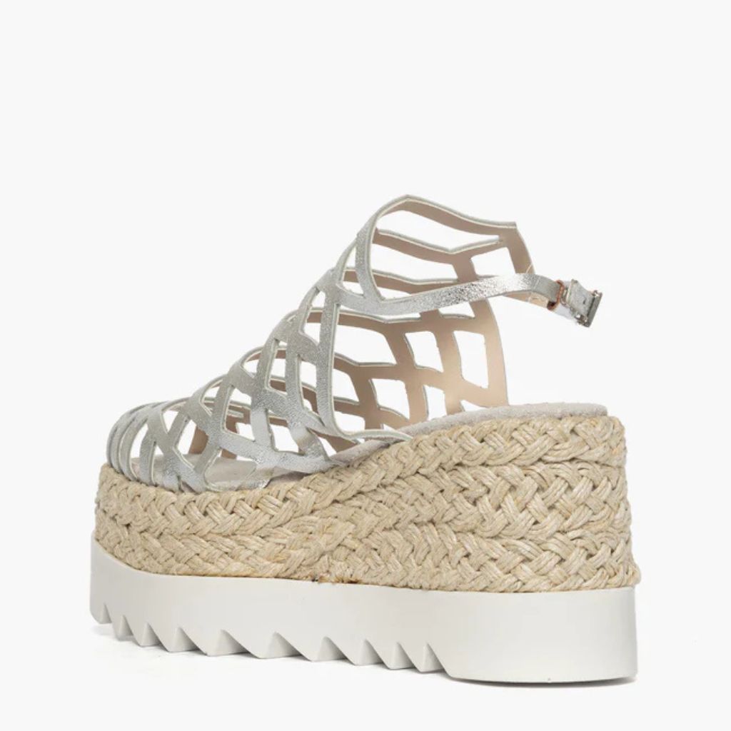 Sandalo gladiator zeppa corda 8,5 cm, in pelle laminata argento