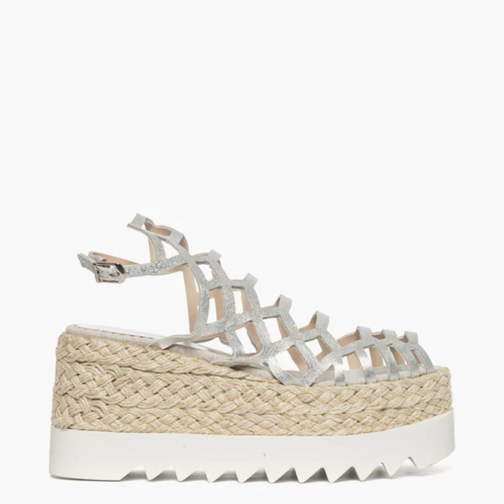 Sandalo gladiator zeppa corda 8,5 cm, in pelle laminata argento