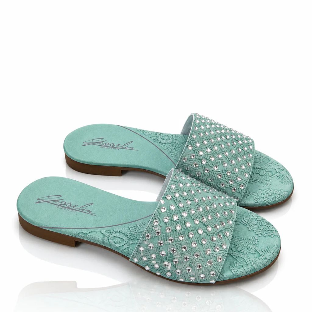 Sandalo Gioselin verde acqua con pizzo e strass