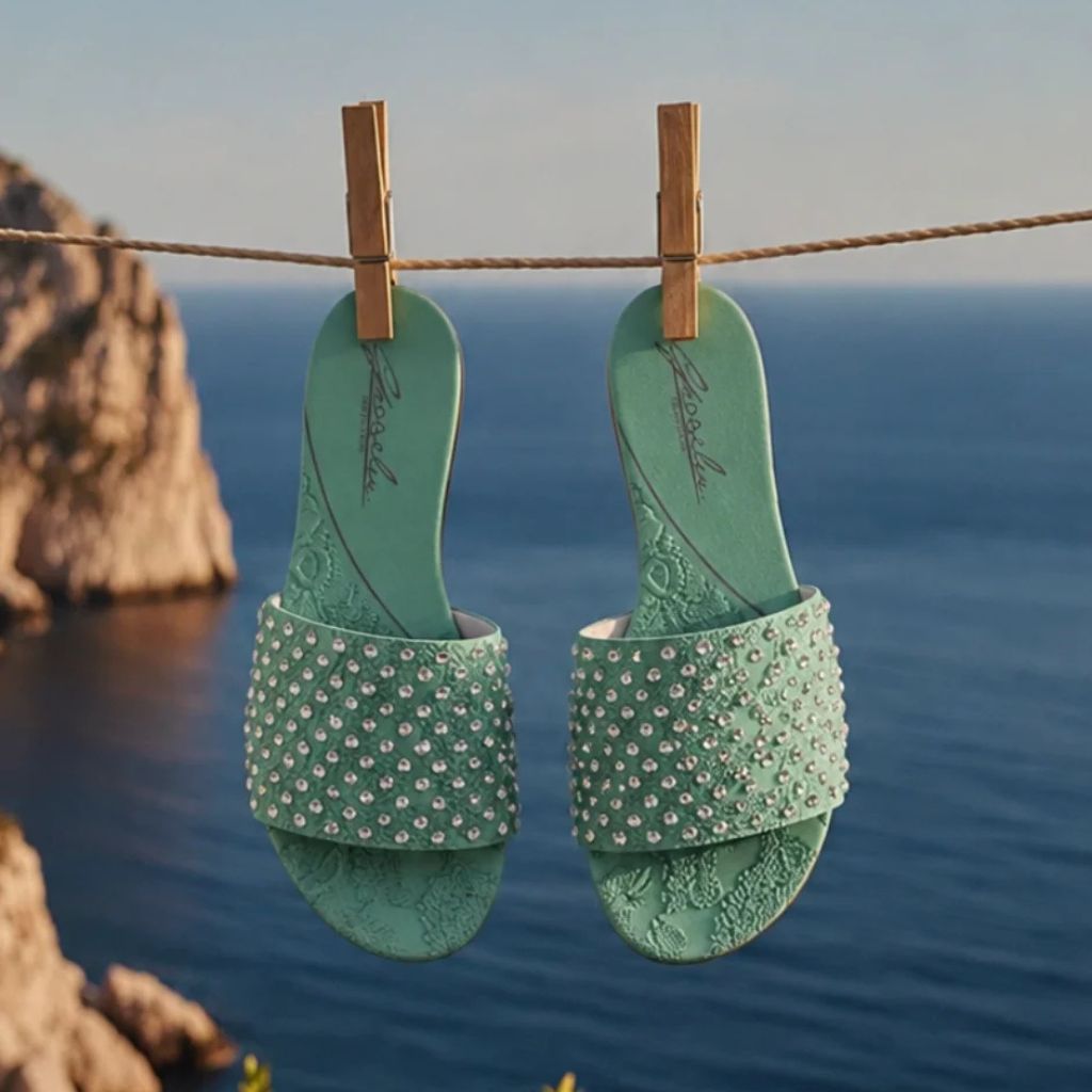 Sandalo Gioselin verde acqua con pizzo e strass