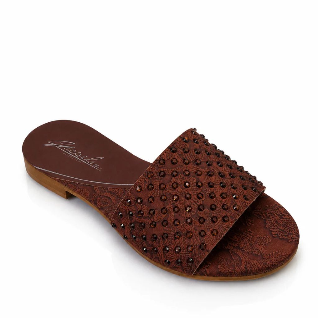 Sandalo Gioselin marrone con pizzo e strass