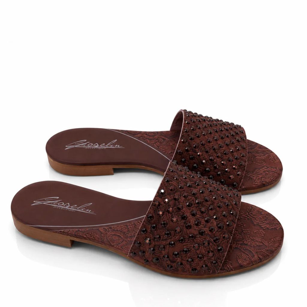 Sandalo Gioselin marrone con pizzo e strass