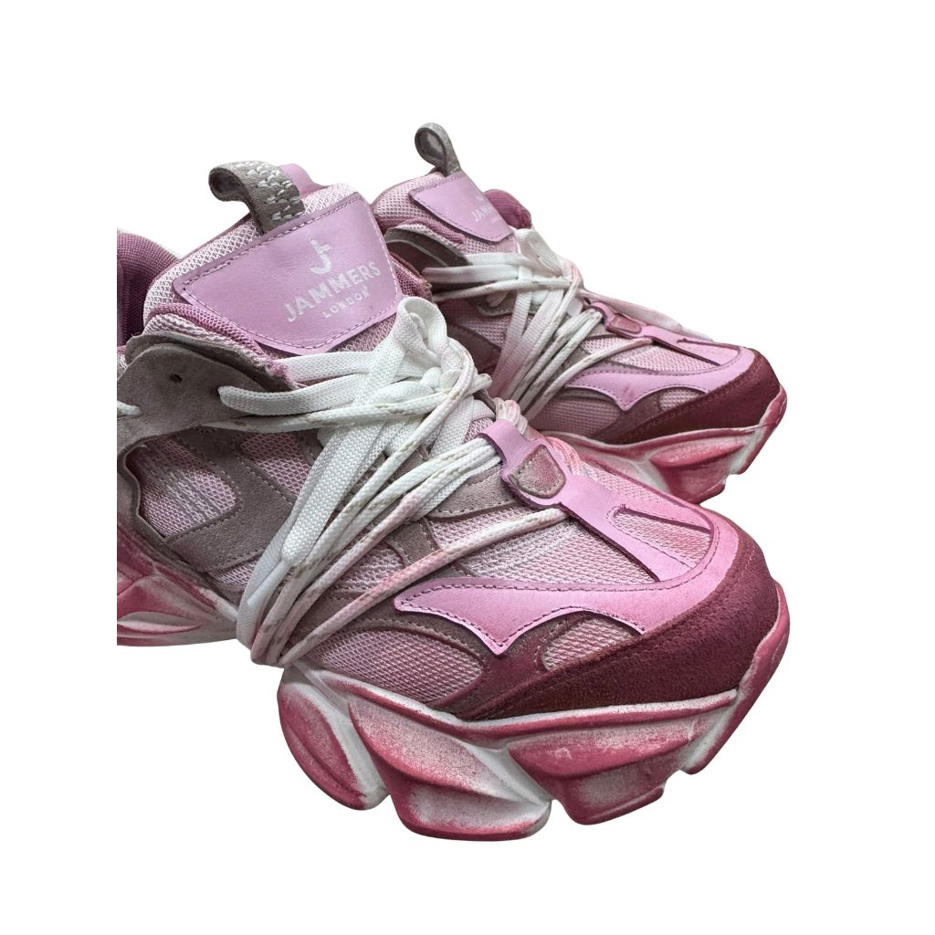 Sneakers Jammers London in vera pelle rosa con lacci bianchi intrecciati e suola alta
