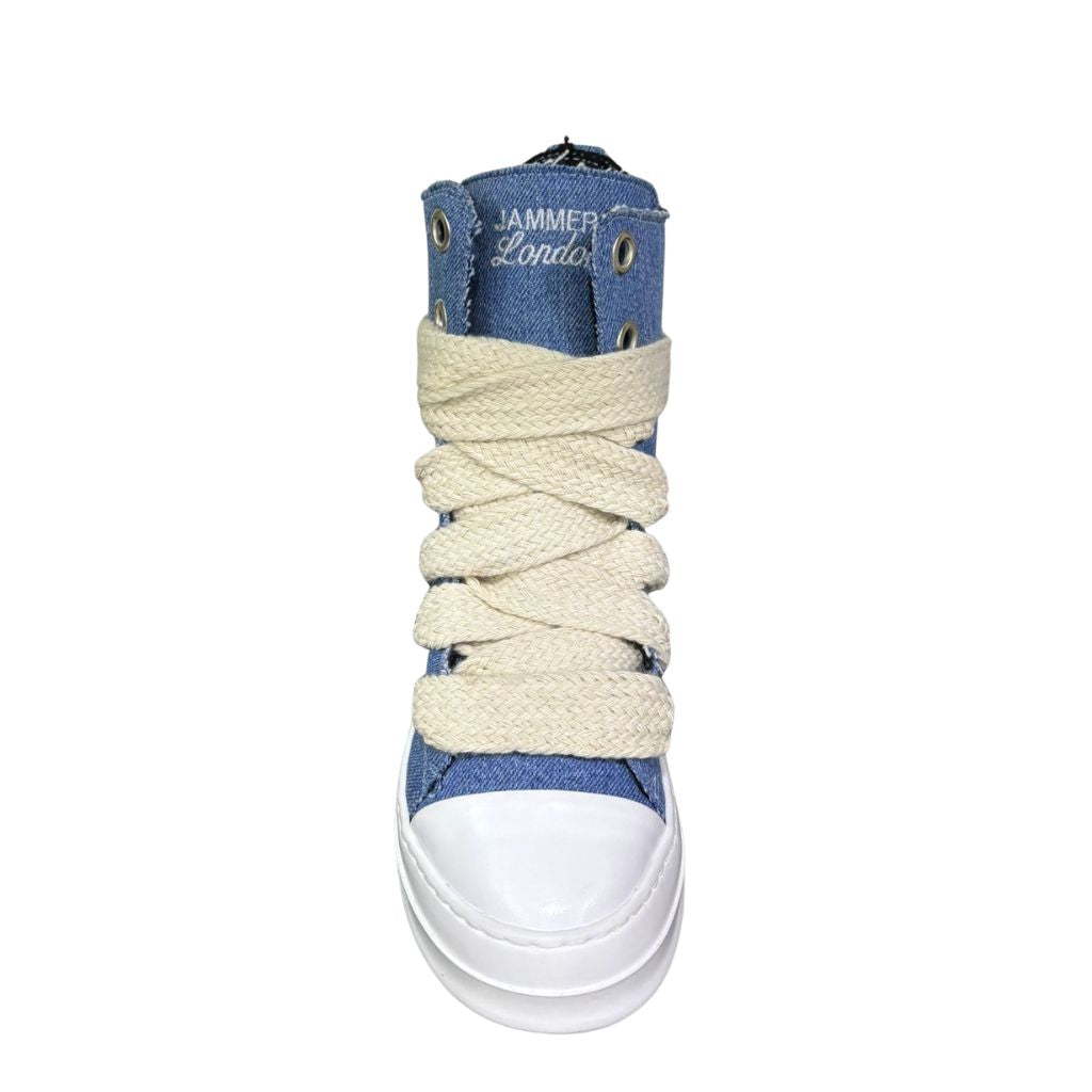 Sneaker alta in denim scuro con lacci beige