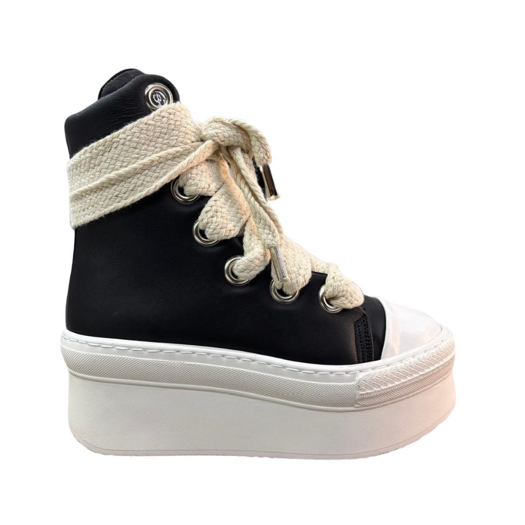 Sneaker Jammers London nera con lacci corda panna zeppa 7cm