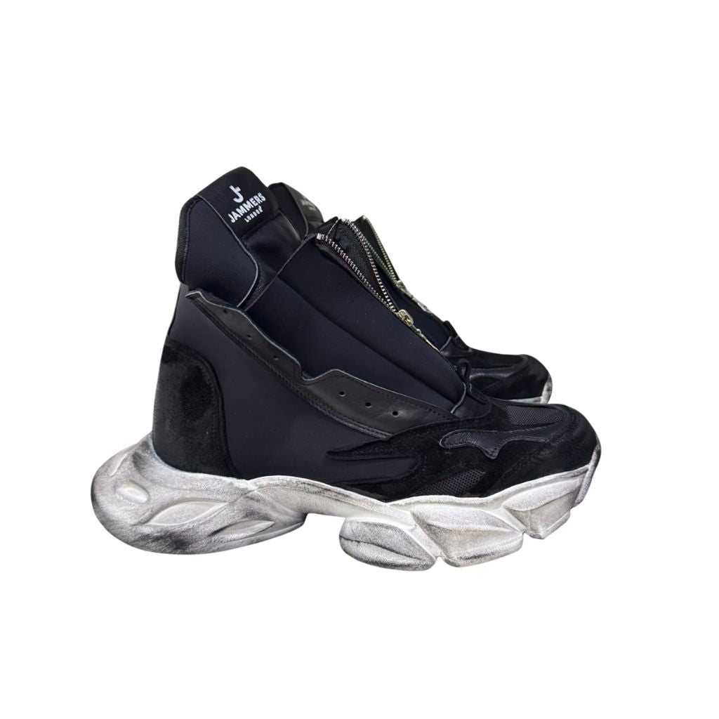 Sneaker Jammers London alta nera in licra e camoscio suola vintage
