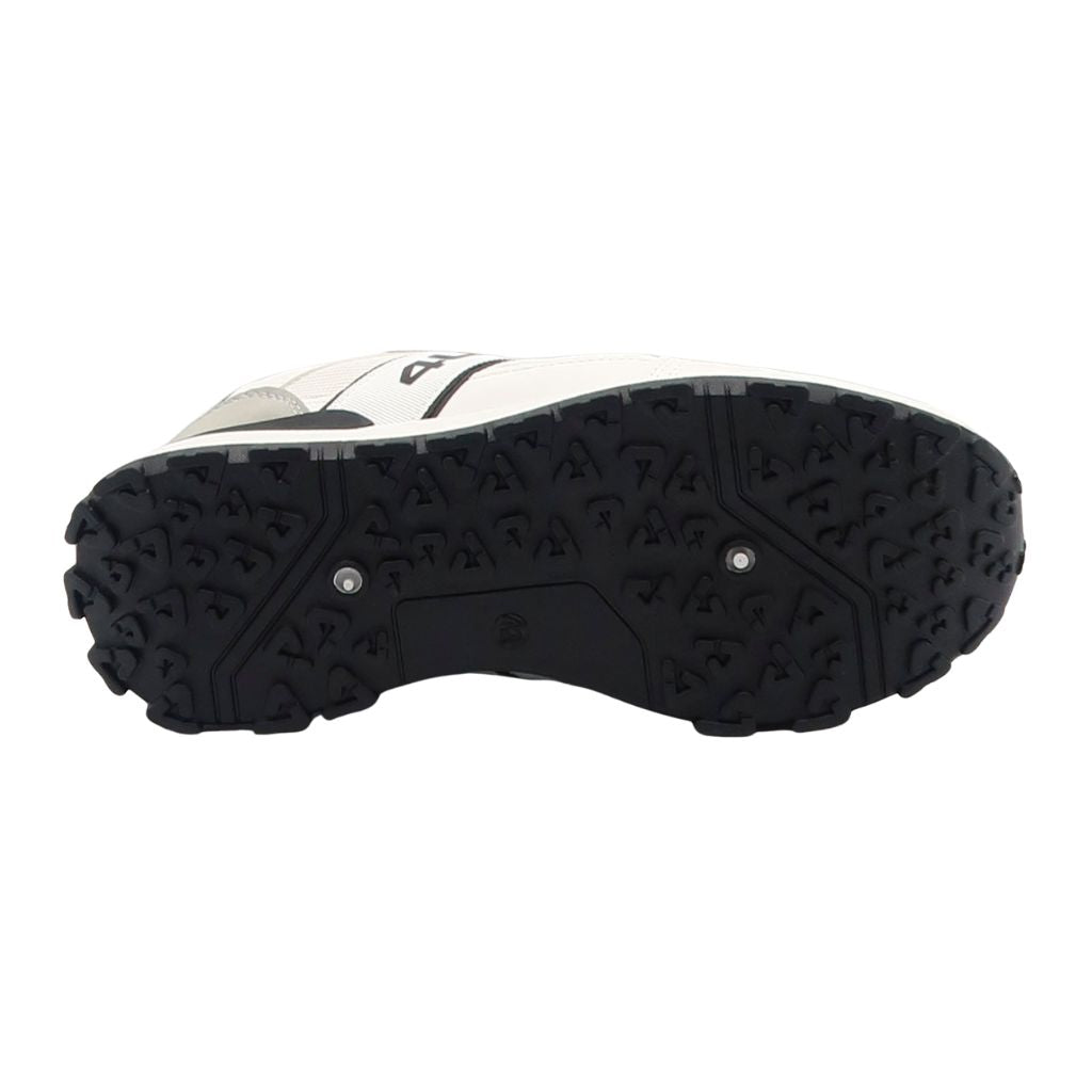 Sneakers da uomo Paciotti 4US bianche in mesh e ecopelle con dettagli color cuoio, logo laterale esteso e suola sportiva tipo running.