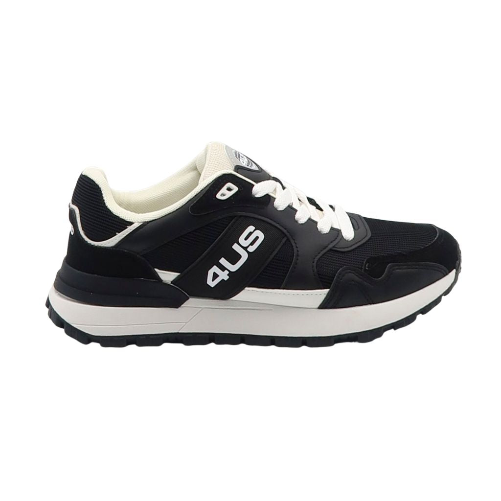 Sneakers da uomo Paciotti 4US nere in mesh e ecopelle con dettagli e loghi bianchi in contrasto, complete di suola running ammortizzata.