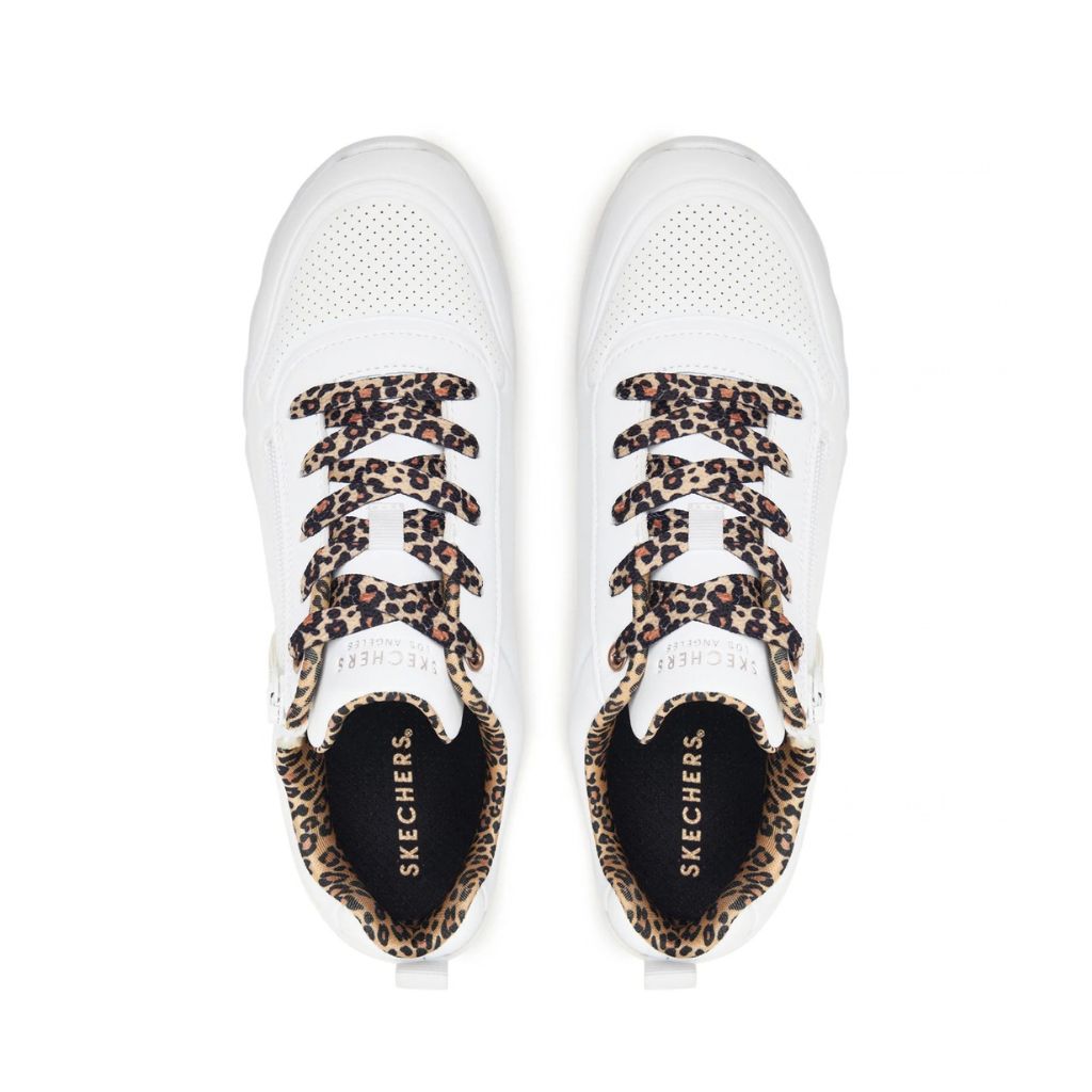 Sneaker Skechers Uno Lite bianca con lacci leopardati, vista laterale