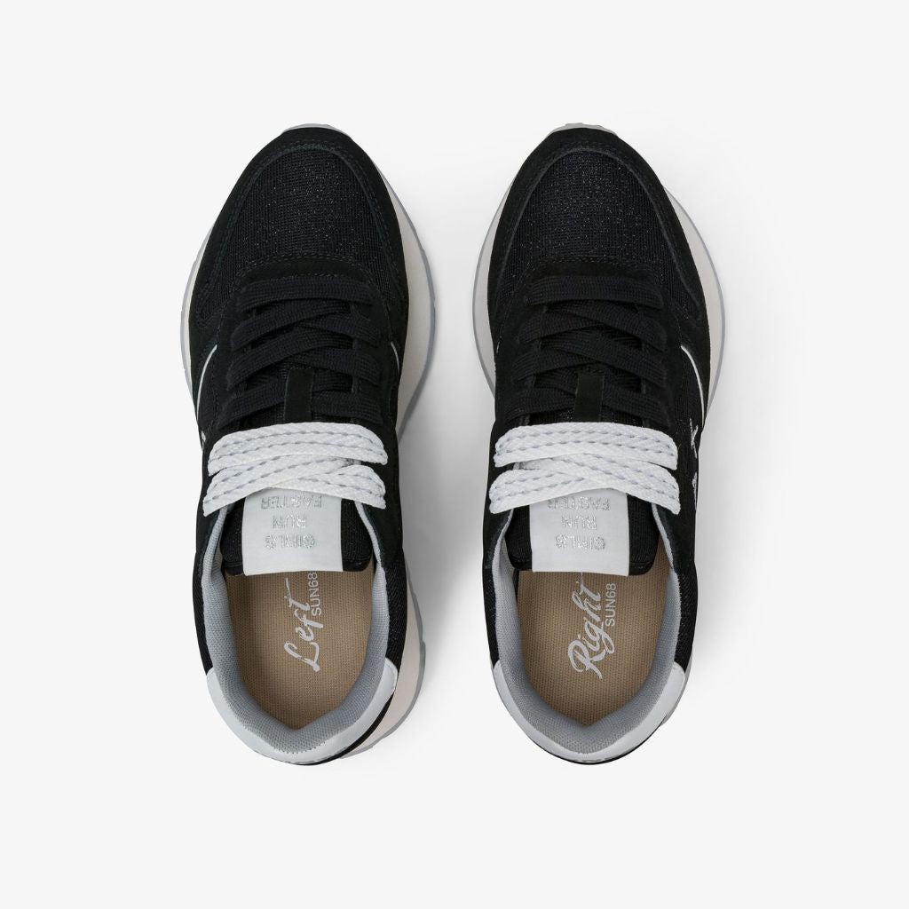 Sneaker donna Sun68 Ally Glitter nera in tessuto satinato con inserti in pelle scamosciata e logo bianco laterale