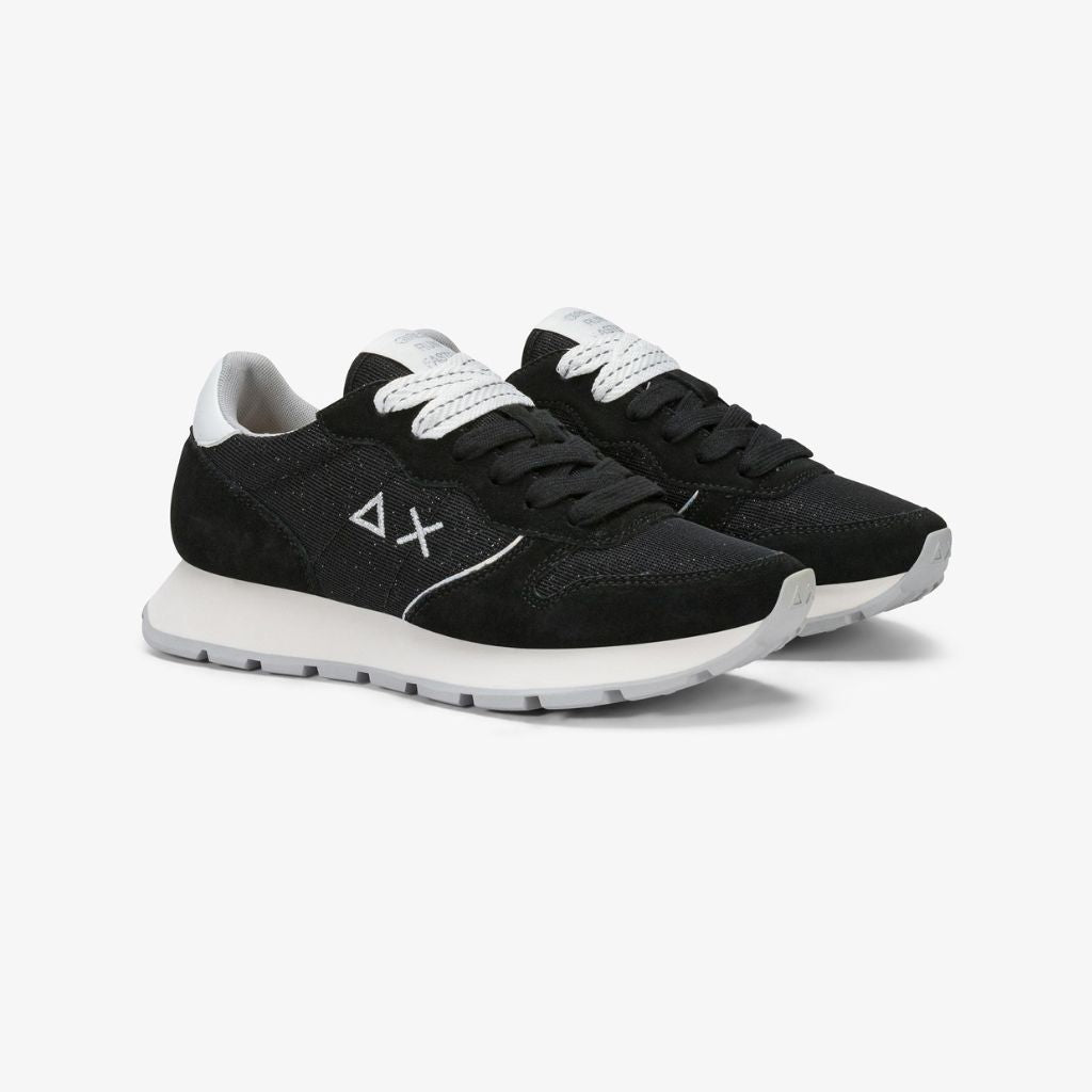 Sneaker donna Sun68 Ally Glitter nera in tessuto satinato con inserti in pelle scamosciata e logo bianco laterale
