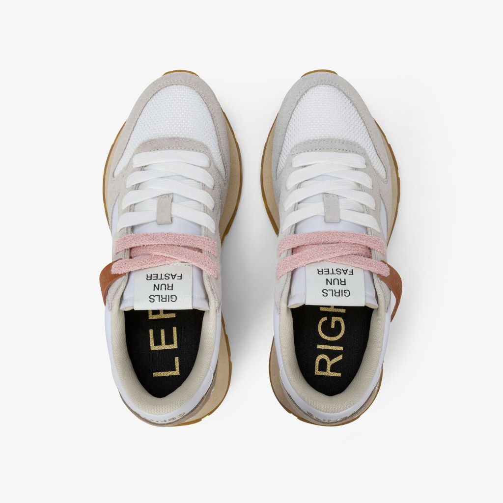Sneaker donna Sun68 Ally Vintage Gold Edition bianca in tessuto con dettagli scamosciati, motivo margherita sul tallone e lacci intercambiabili