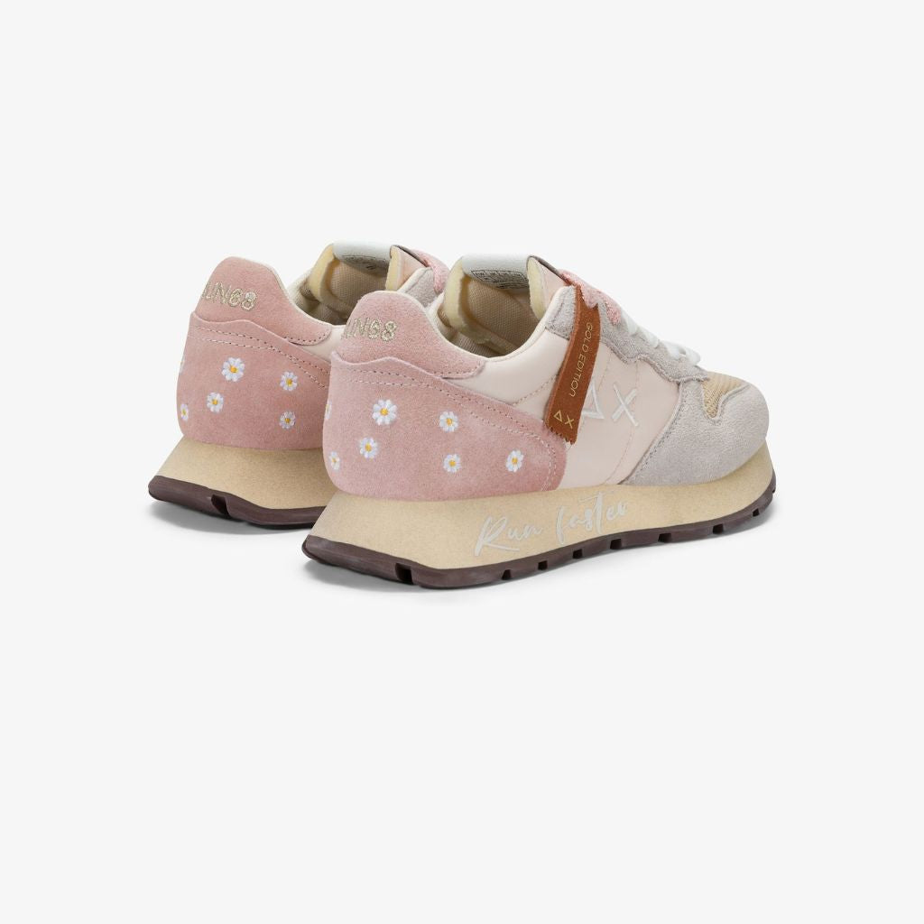 Sneaker donna Sun68 Ally Vintage Gold Edition rosa chiaro in tessuto con dettagli scamosciati, motivo margherita sul tallone e lacci intercambiabili