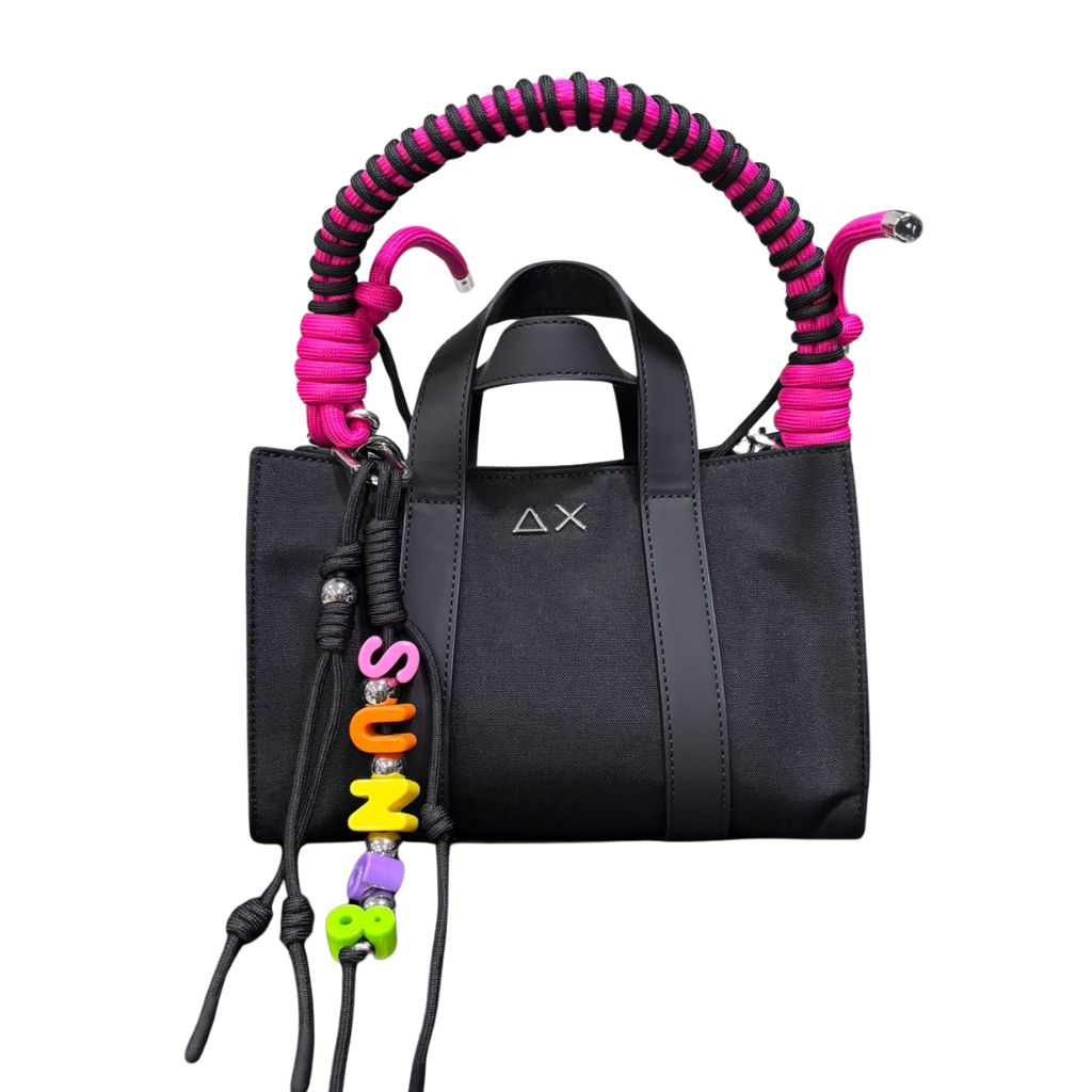 Borsa Sun68 Mini Bag Everyday nero in poliestere con chiusura a sacchetto, tracolla colorata intercambiabile, manico corto e portachiavi coordinato.