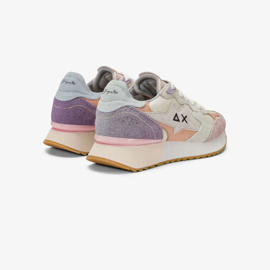 Sneaker donna Sun68 Stargirl bianca in tessuto con inserti scamosciati rosa, viola e salmone e logo nero laterale