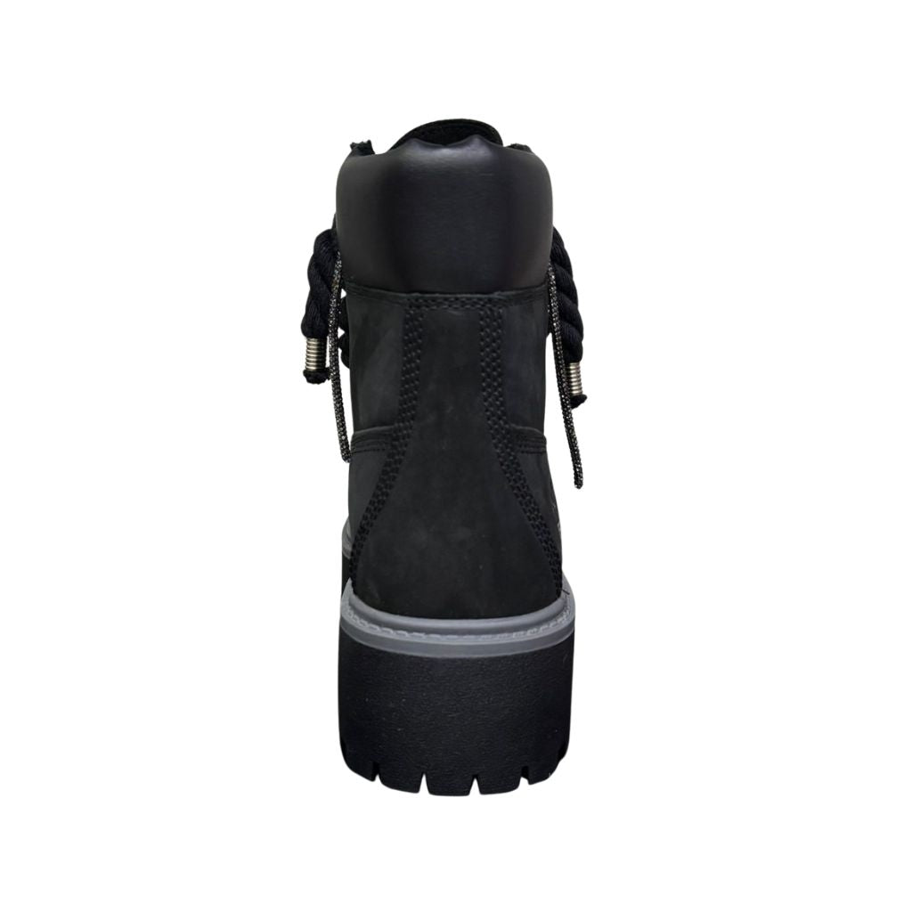 Stivale Timberland Stone Street platform in nubuck nero con lacci a corda neri con filo glitter.