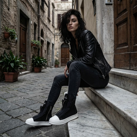 Stivali Jammers London Tore Total neri con suola bianca indossati da modella seduta su gradini in vicolo italiano