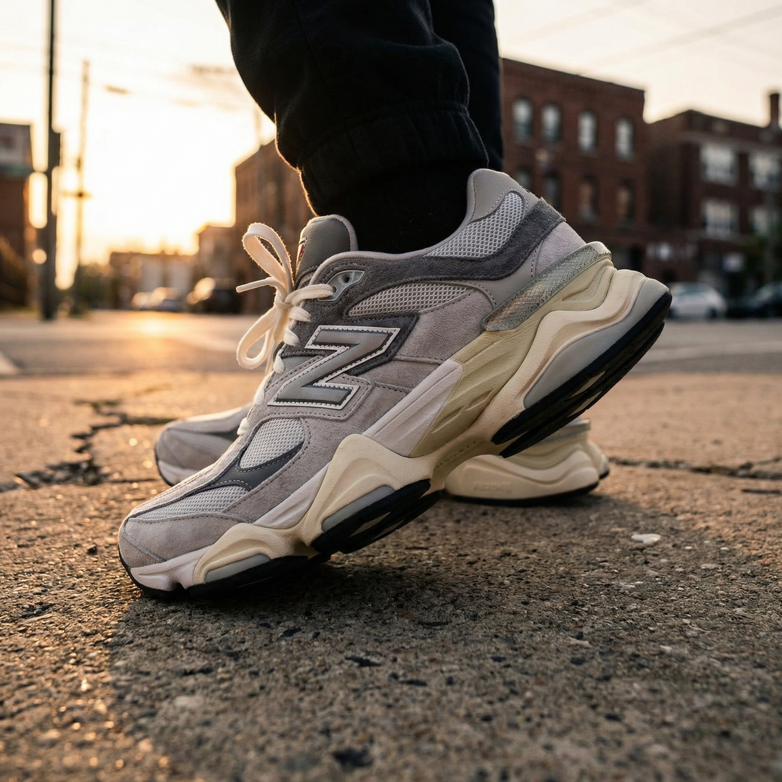 New Balance 9060 Gray indossate su strada urbana al tramonto - sneakers chunky grigie con suola scolpita