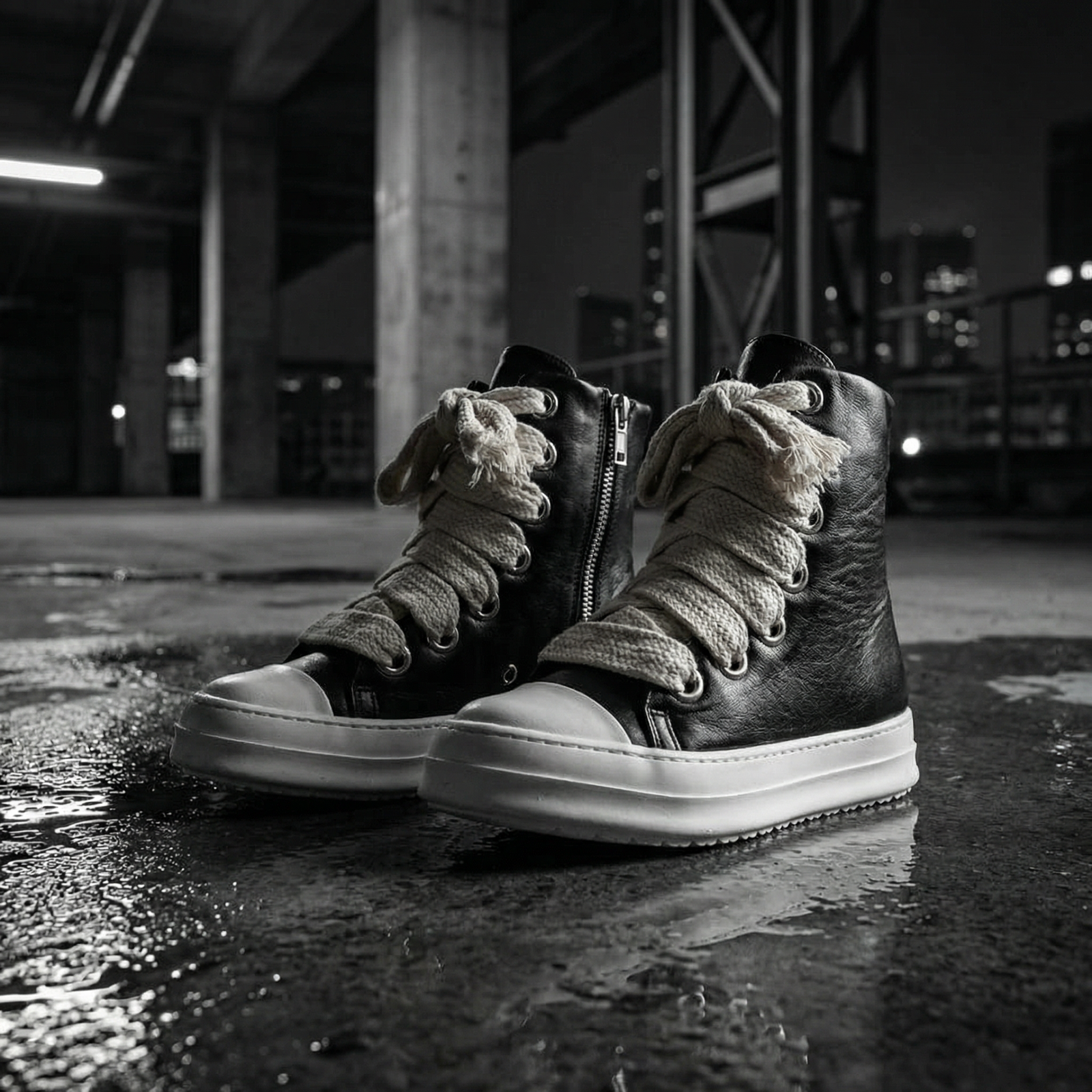 Stivali neri stile Rick Owens con suola chunky e zip laterale su sfondo urbano dark aesthetic