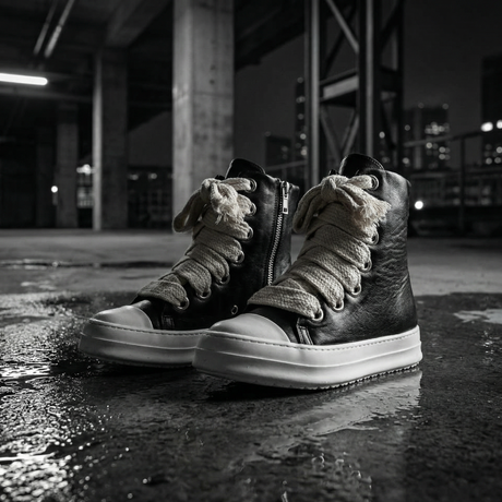 Stivali neri stile Rick Owens con suola chunky e zip laterale su sfondo urbano dark aesthetic