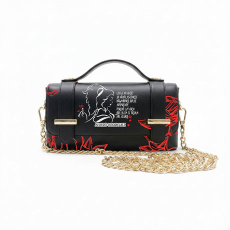 Borsa Alviero Rodriguez Chery Best Heart con un disegno a linee bianche e foglie rosse su fondo nero