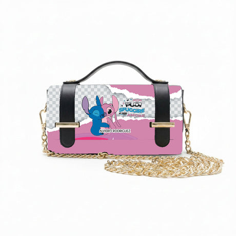Borsa Alviero Rodriguez Chery Non Puoi Sfuggire con un personaggio blu su carta strappata rosa e grigia