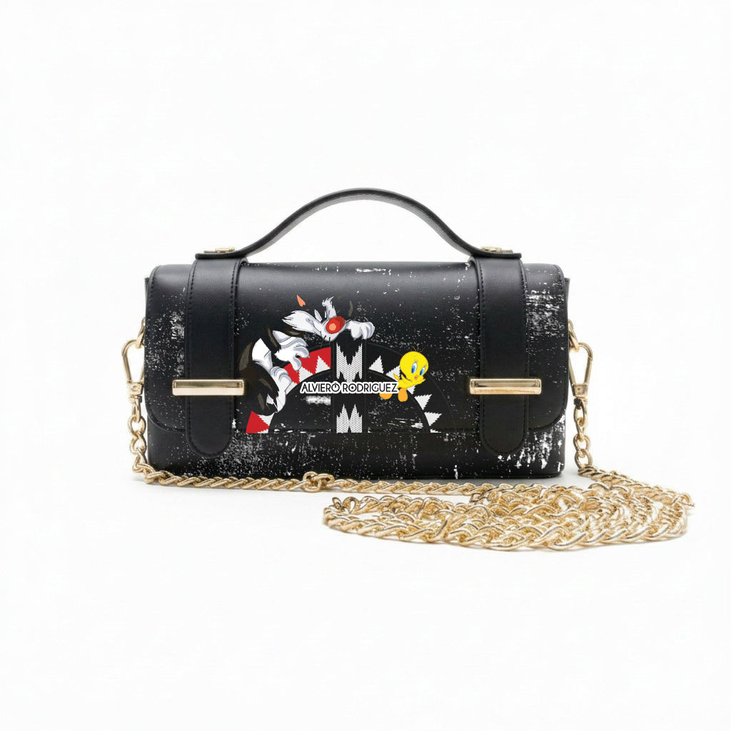 Borsa Alviero Rodriguez Chery Cartoon Nero con personaggi cartoon e squalo grafico su nero effetto vissuto