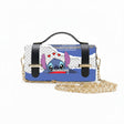 Borsa Alviero Rodriguez Chery Ohana con un personaggio con cuori rossi su fondo blu e bianco