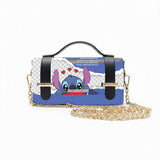 Borsa Alviero Rodriguez Chery Ohana con un personaggio con cuori rossi su fondo blu e bianco