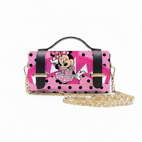 Borsa Alviero Rodriguez Chery Pois Rosa con pois neri su fondo rosa e un personaggio cartoon