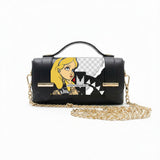 Borsa Alviero Rodriguez Chery Alice Tattoo con Alice tatuata su fondo nero e a scacchi