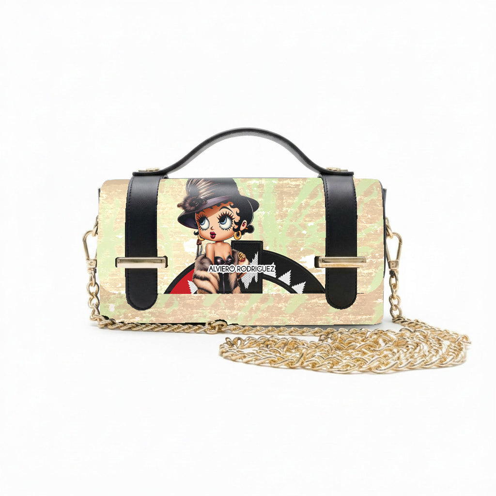 Borsa Alviero Rodriguez Chery Pin Up Beige con una pin-up in stile retrò su fondo chiaro