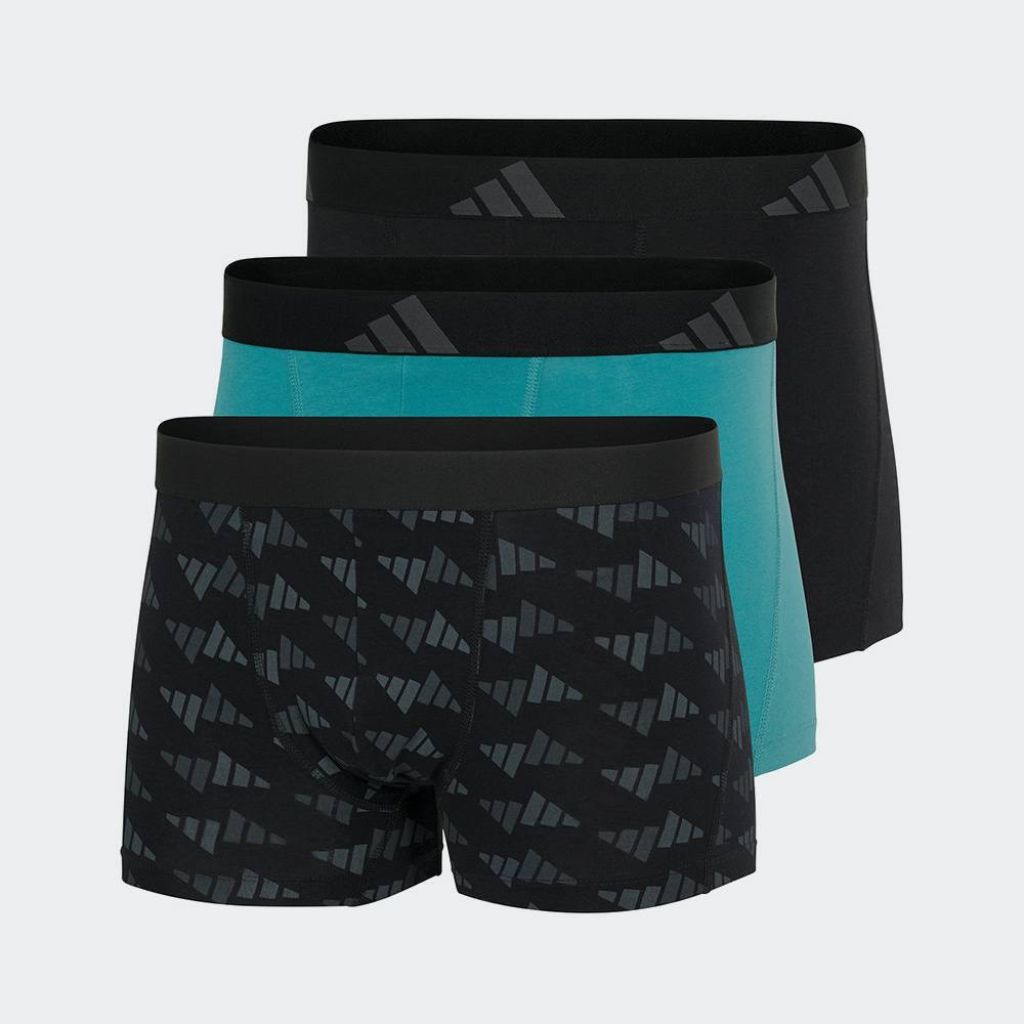 Boxer uomo Adidas confezione da 3, nei colori nero tinta unita, verde acqua e nero con stampa allover grafica, girovita elasticizzato con logo 3 strisce.