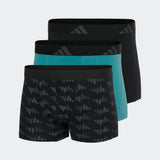 Boxer uomo Adidas confezione da 3, nei colori nero tinta unita, verde acqua e nero con stampa allover grafica, girovita elasticizzato con logo 3 strisce.