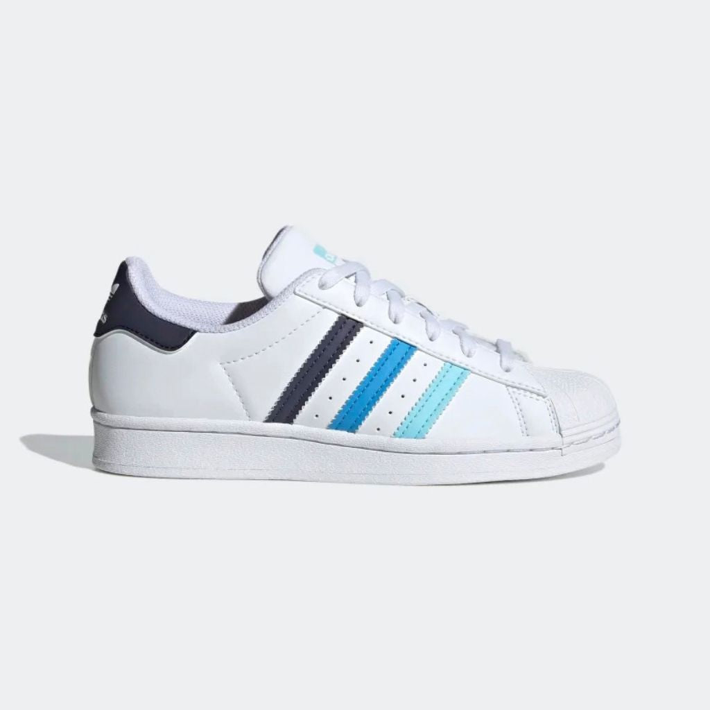 Sneaker adidas Superstar bianca con strisce sfumate blu