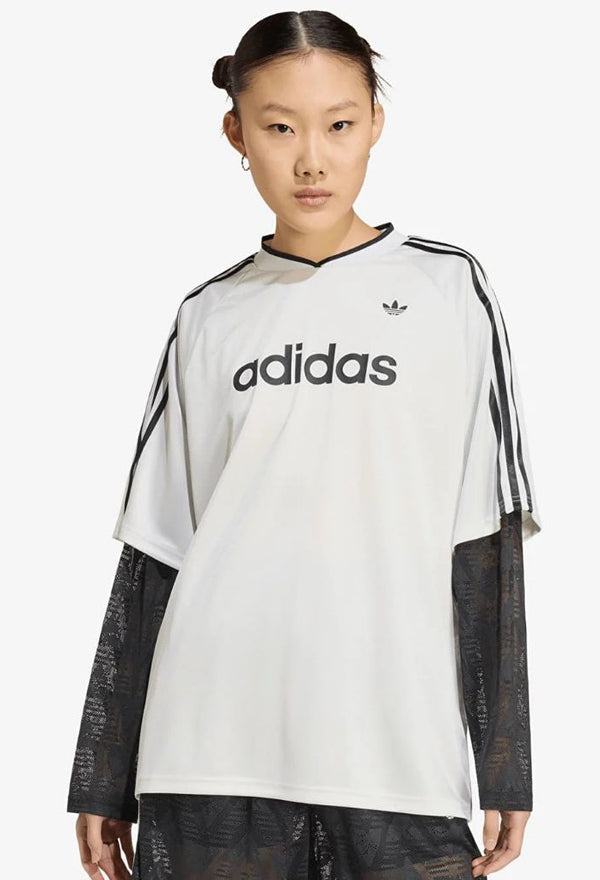 Maglia adidas Originals bianca con scollo a V, tre strisce nere e maniche lunghe in rete