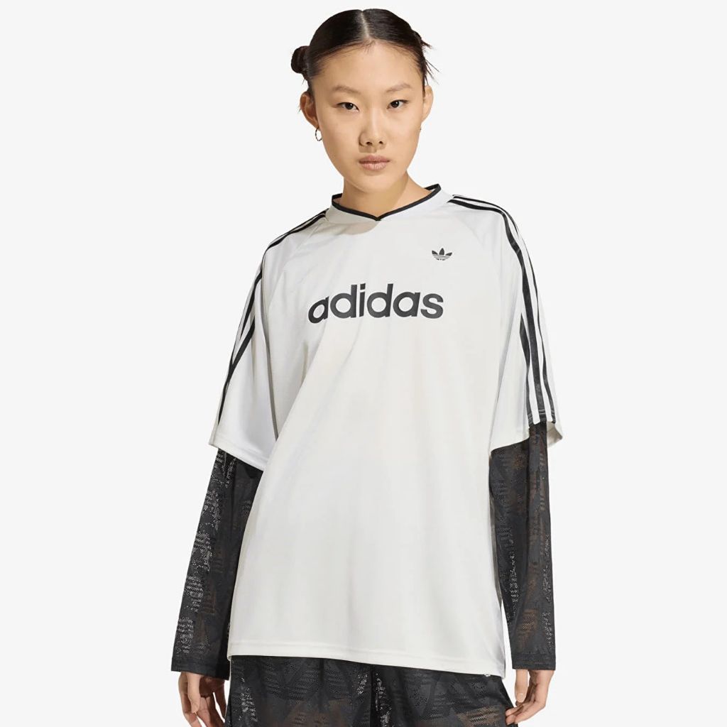 Maglia adidas Originals bianca con scollo a V, tre strisce nere e maniche lunghe in rete