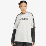 Maglia adidas Originals bianca con scollo a V, tre strisce nere e maniche lunghe in rete