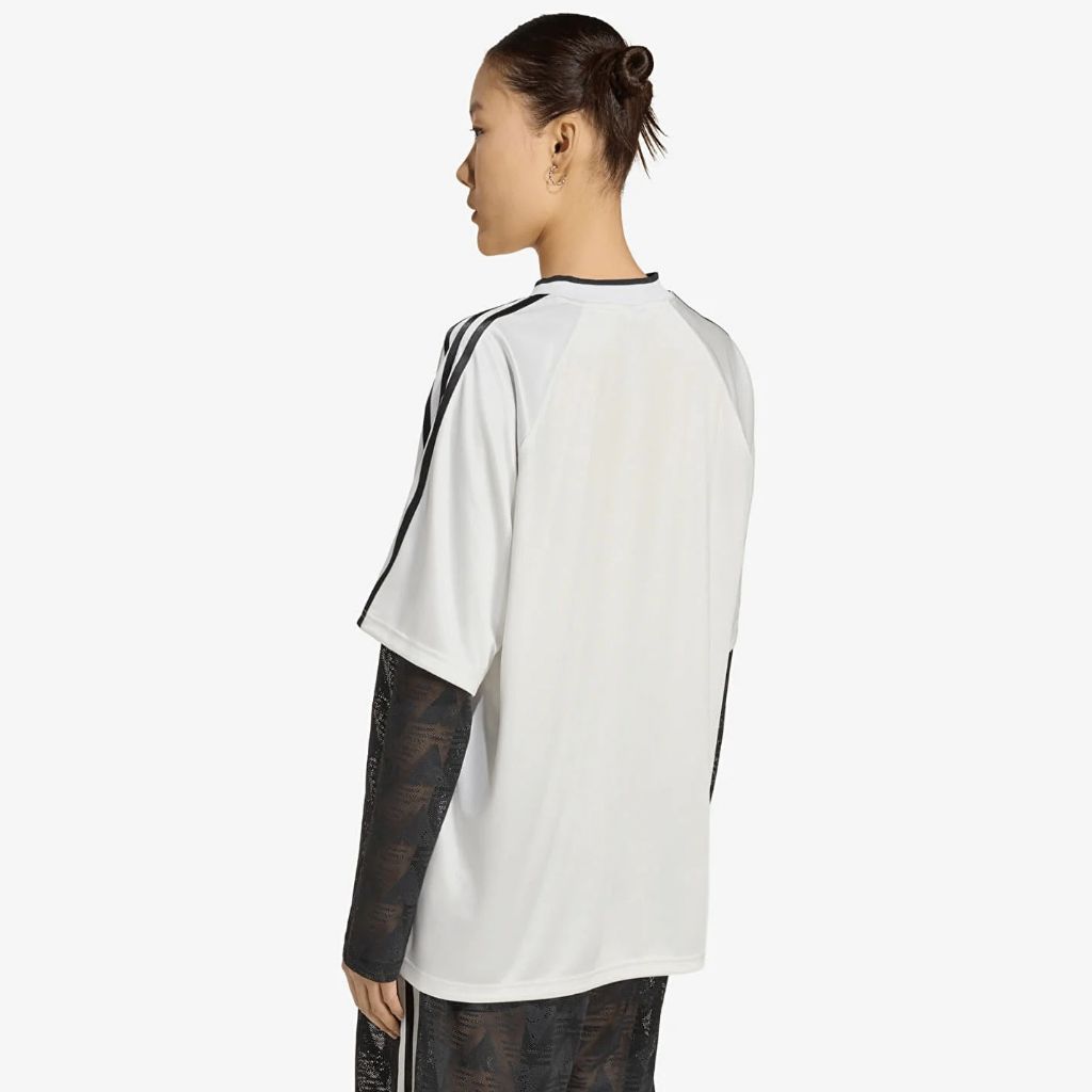 Maglia adidas Originals bianca con scollo a V, tre strisce nere e maniche lunghe in rete
