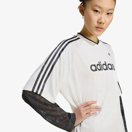 Maglia adidas Originals bianca con scollo a V, tre strisce nere e maniche lunghe in rete