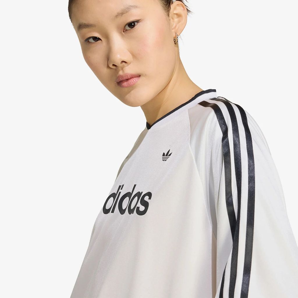 Maglia adidas Originals bianca con scollo a V, tre strisce nere e maniche lunghe in rete