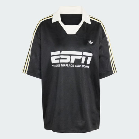 T-shirt Adidas nera con logo ESPN e colletto bianco.