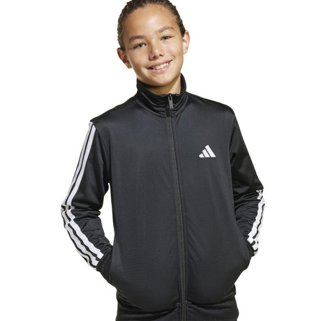 Tuta Adidas nera con giacca con zip e pantaloni con bande bianche