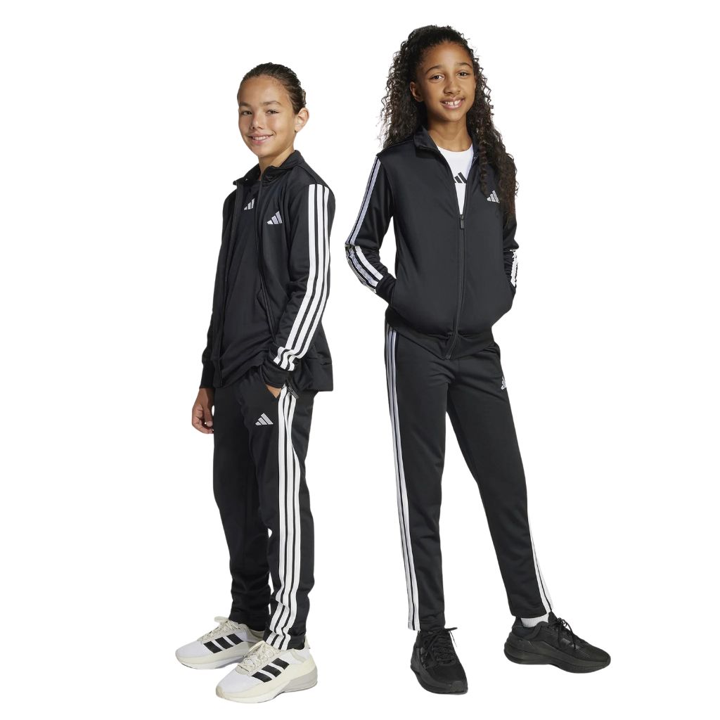 Tuta Adidas nera con giacca con zip e pantaloni con bande bianche