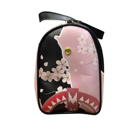 Borsa bauletto rosa e nera con fiori di ciliegio, frase scritta e tracolla