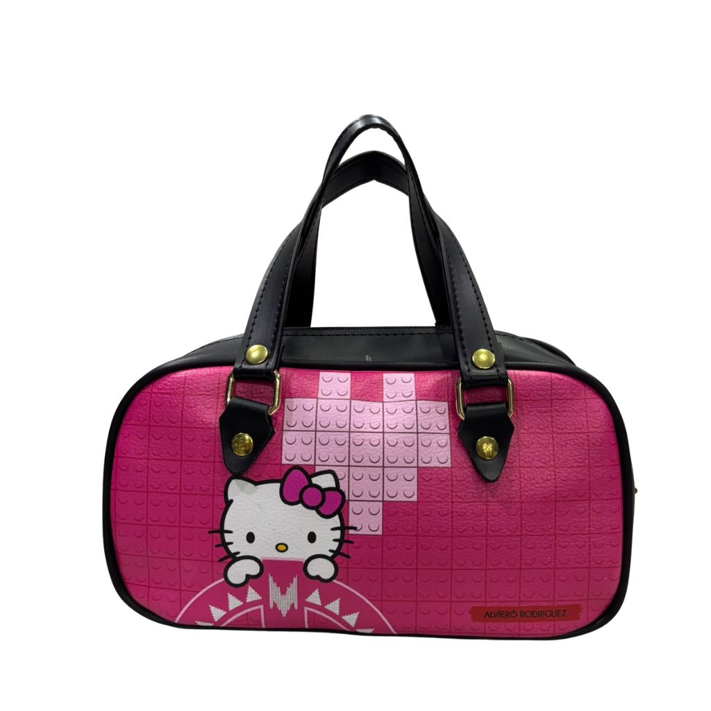 Mini Puff Alviero Rodriguez fucsia con cuore a mattoncini, manici neri e tracolla