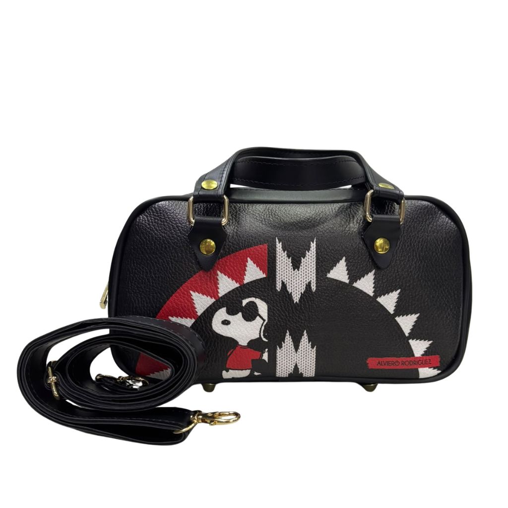 Mini Puff Alviero Rodriguez nera con zigzag rossi e bianchi e tracolla
