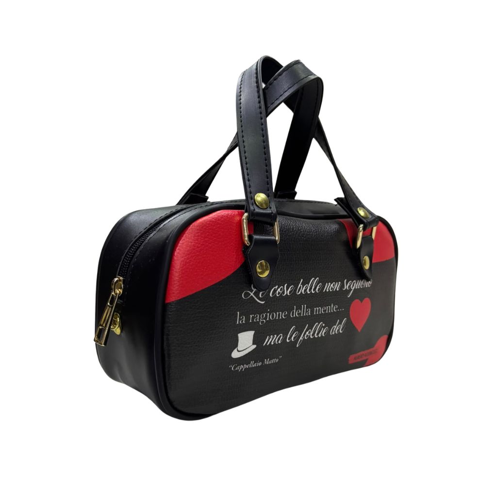 Mini bag Alviero Rodriguez nera e rossa in ecopelle con frase, cuore e tracolla