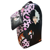 Zaino nero con illustrazione di donna dai capelli bicolore e stampa animalier rosa